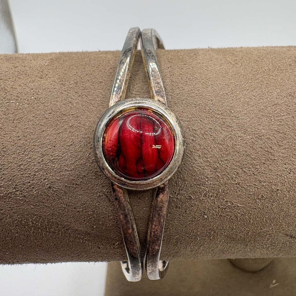 Vintage Silver Tone Cuff Bracelet w/ Red Cabochon Stone Boho Southwestern Style